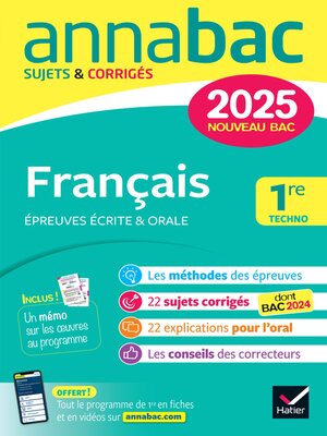 cover image of Annales du bac Annabac 2025 Français 1re technologique (bac de français écrit & oral)